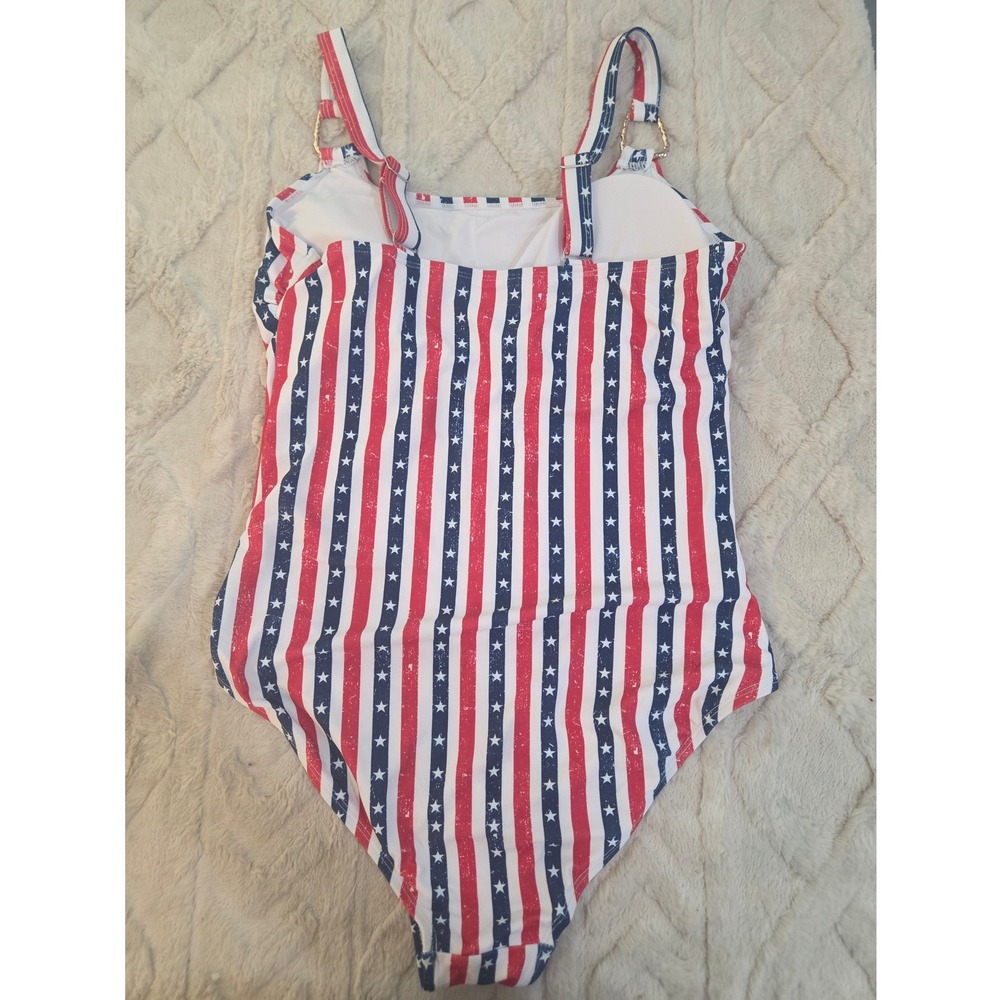 Americana Stars and Stripes One Piece Swimsuit Gold Ring Accent Red White Blue M - Picture 3 of 5